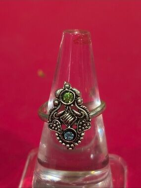 Silver-Tone Vintage Style Ring with Green and Blue Stones